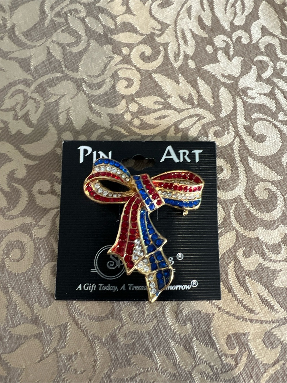 Pin Art Red , Blue White Brooch Bow Shape Rhinestones Gift USA